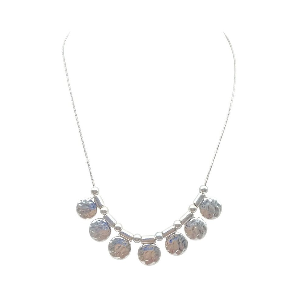 Silver Tone Hammered Disc Pendant Necklace